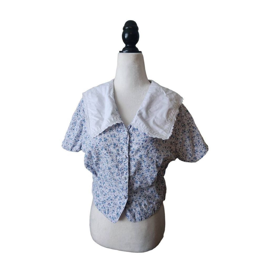 Vintage 80s Cottagecore Prairie Button Front Top Shoulder Pads Cropped Colar Lac